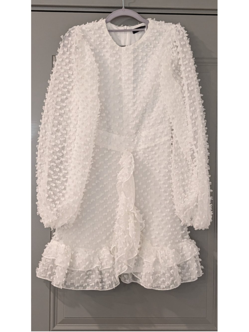 Miss Ord White Swiss Dot Ruffle Mini Dress Long Sleeve Tie Waist Size XS - Picture 2 of 8